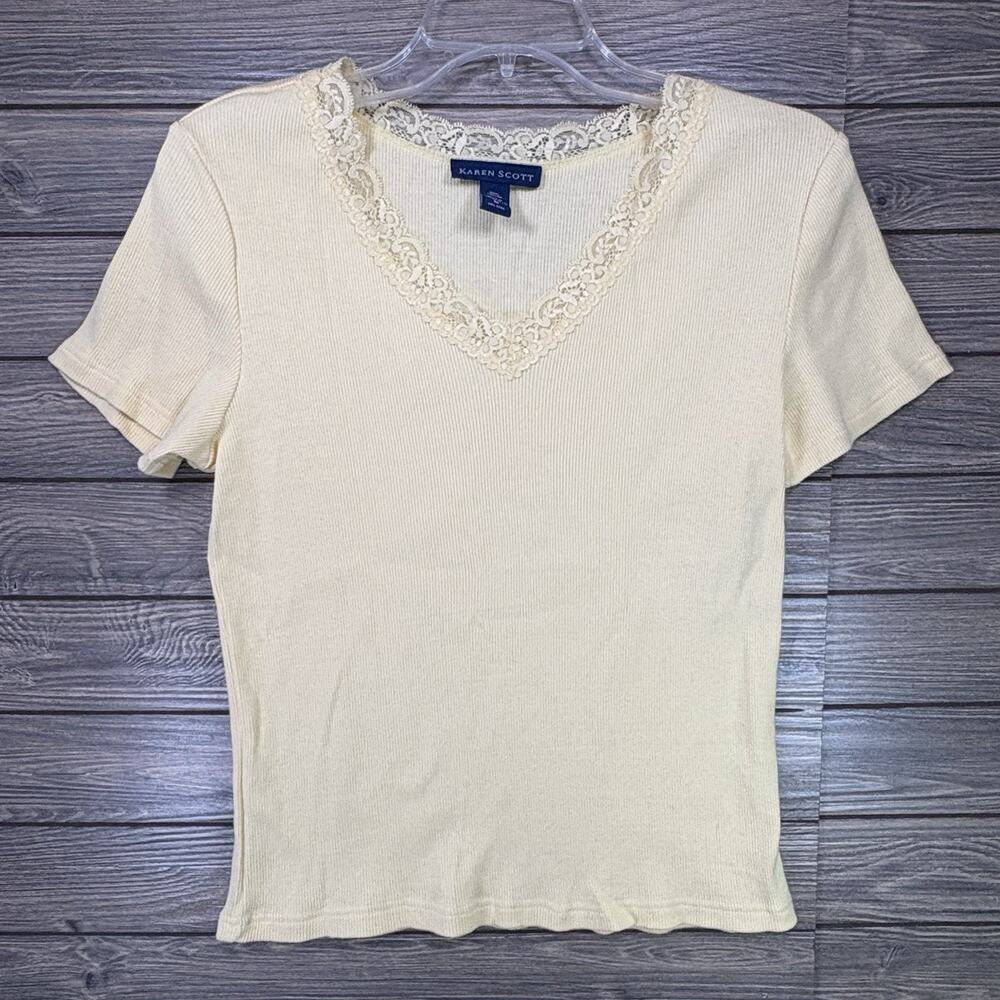 Karen Scott Women Medium Lace Trim Short Sleeve Yellow 100% Cotton Cottagecore